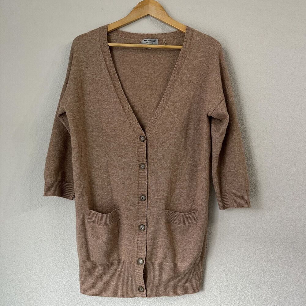 Repeat Women's Wool Cashmere Blend V-neck Cardigan Brown Grandmacore Knit 36/XS